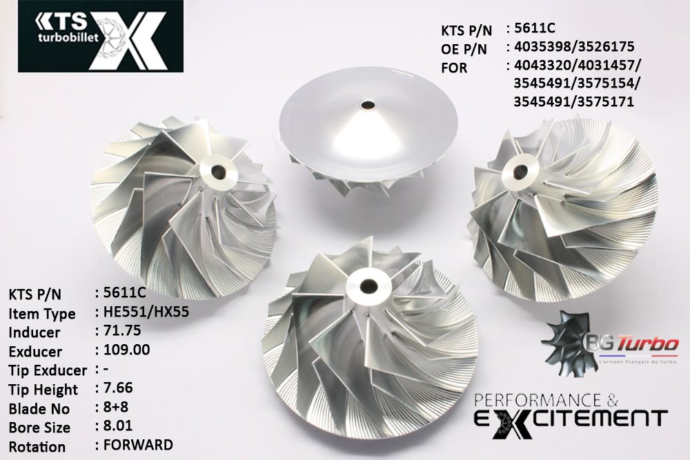 Turbo ROUE FORGÉE MFS PERFORMANCE - 8+8 PALES - INDUCER : 71,75 - EXDUCER : 109 - TYPE : HE551VANGLE : 55° - ROTATION : Forward - SUPER BACK : 9,68 - BORE SIZE : 8,01

